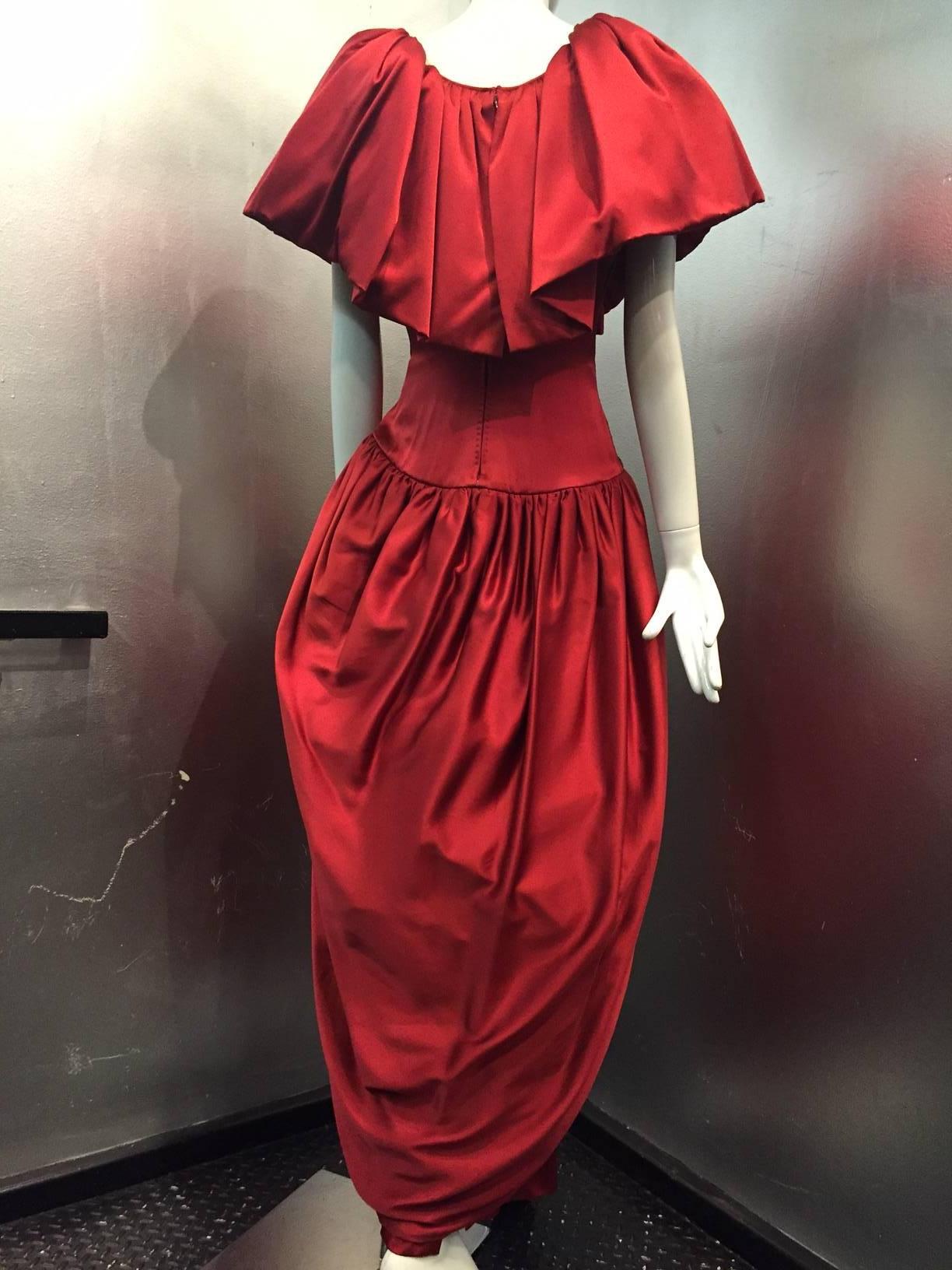 Women's 1980s British Scarlet Silk Satin Ruffled Evening Gown