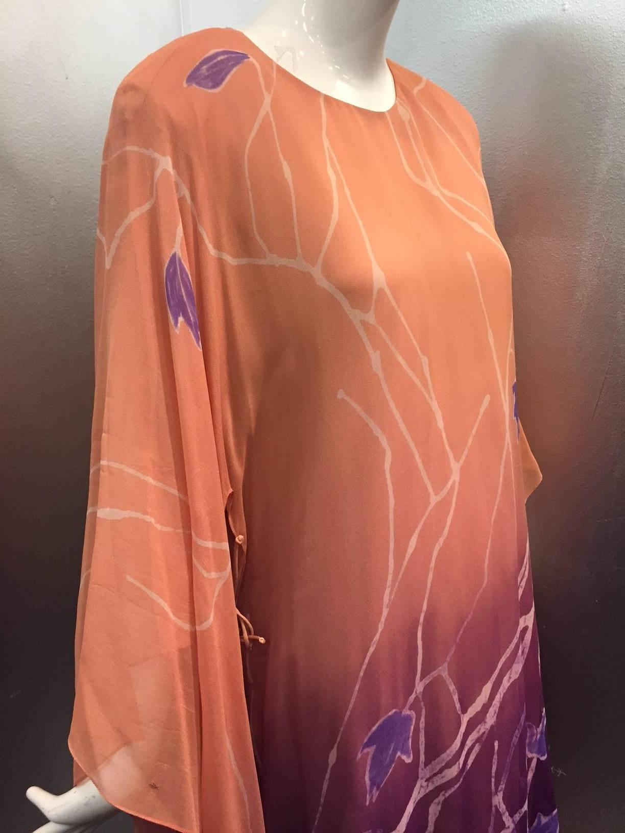 1970s Hand-Paind Peach and Purple Silk Chiffon Caftan w/ Side Ties In Excellent Condition In Gresham, OR