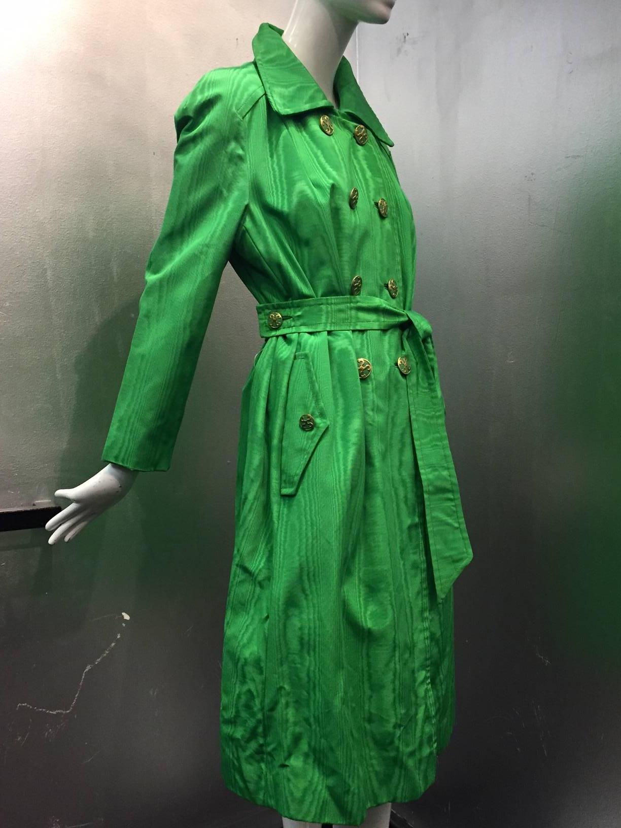 A stunning jade green silk blend moire coat:  Double breasted with metal and enamel 