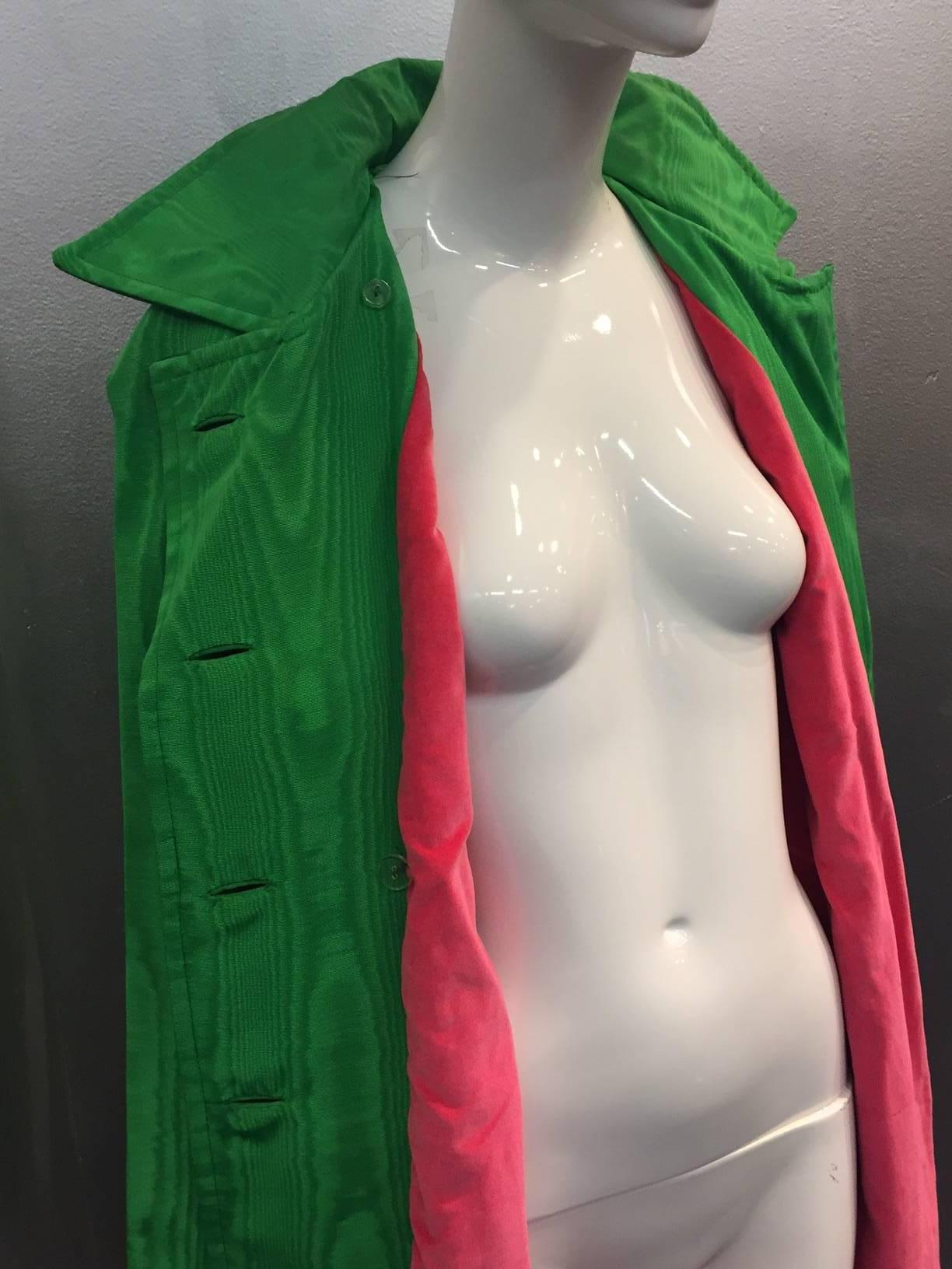 1960s Jade Green Moire Double Breasted Trench Coat with Pink Velveteen Lining In Excellent Condition In Gresham, OR