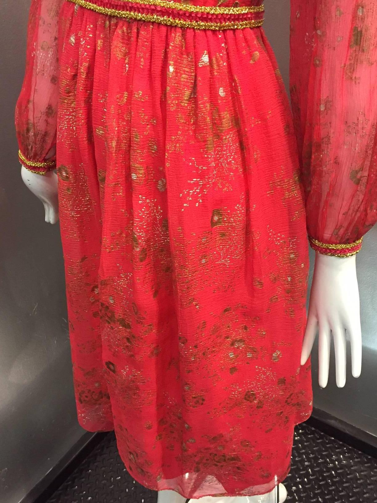 Early 1970s Oscar de La Renta Red Silk Peasant-Inspired Dress w/ Gold Trim 2