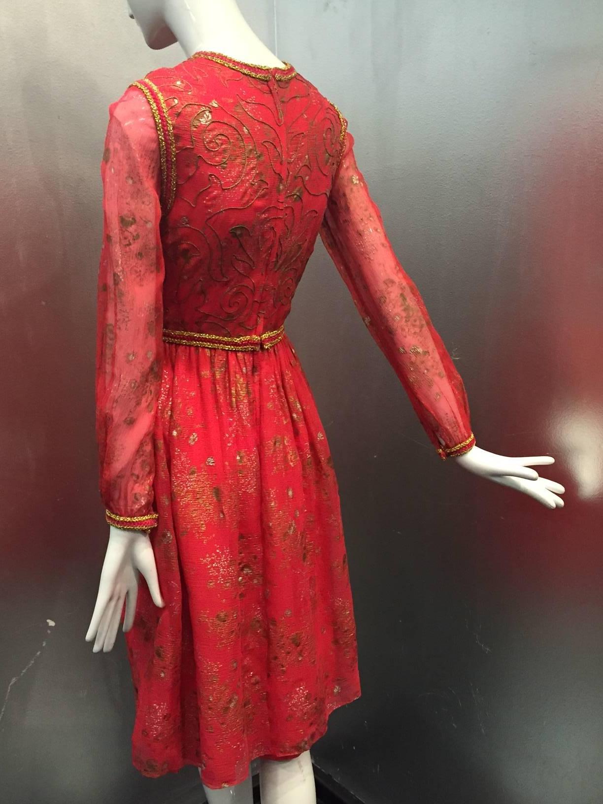 Early 1970s Oscar de La Renta Red Silk Peasant-Inspired Dress w/ Gold Trim In Excellent Condition In Gresham, OR