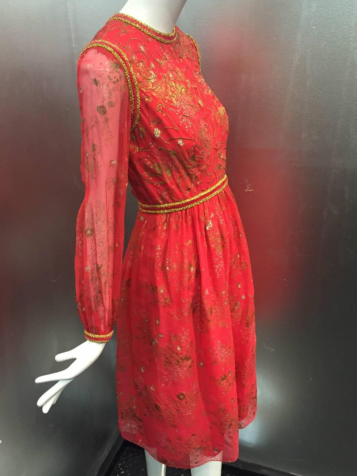 Women's Early 1970s Oscar de La Renta Red Silk Peasant-Inspired Dress w/ Gold Trim