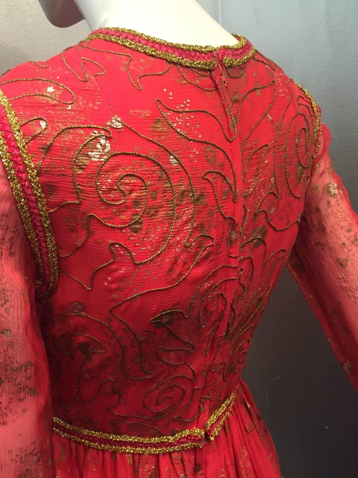 Early 1970s Oscar de La Renta Red Silk Peasant-Inspired Dress w/ Gold Trim 3