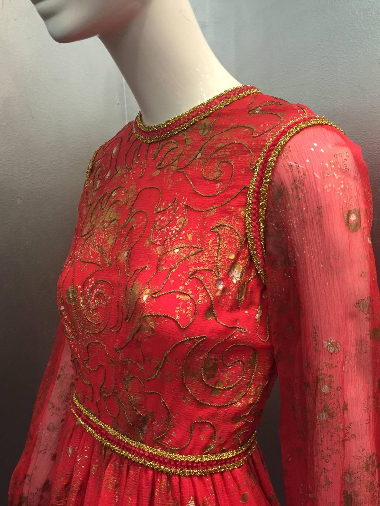 Early 1970s Oscar de La Renta Red Silk Peasant-Inspired Dress w/ Gold Trim 1