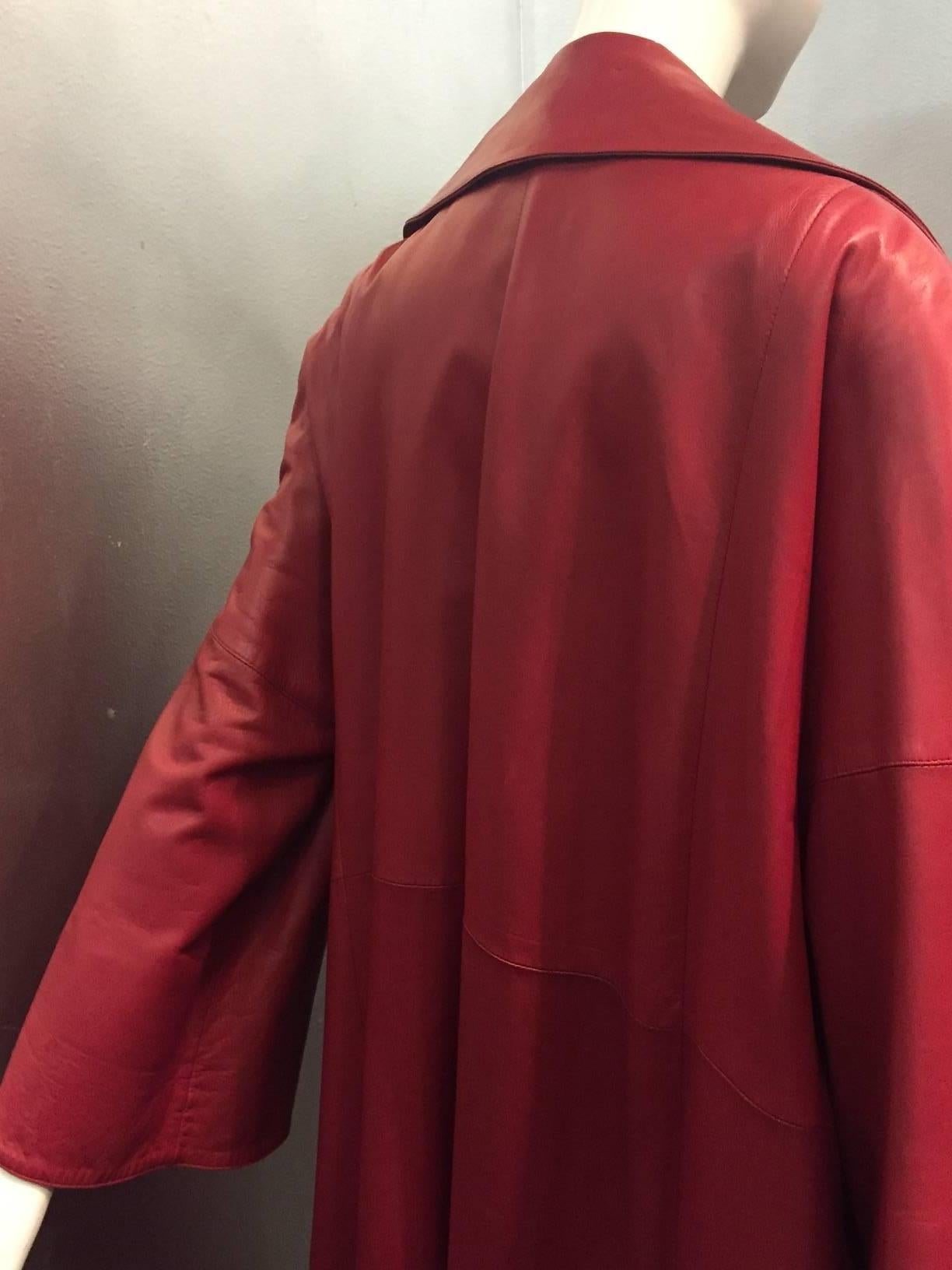 1980s Claude Montana Luxurious Red Leather Trench Coat w/ Draped Collar 2