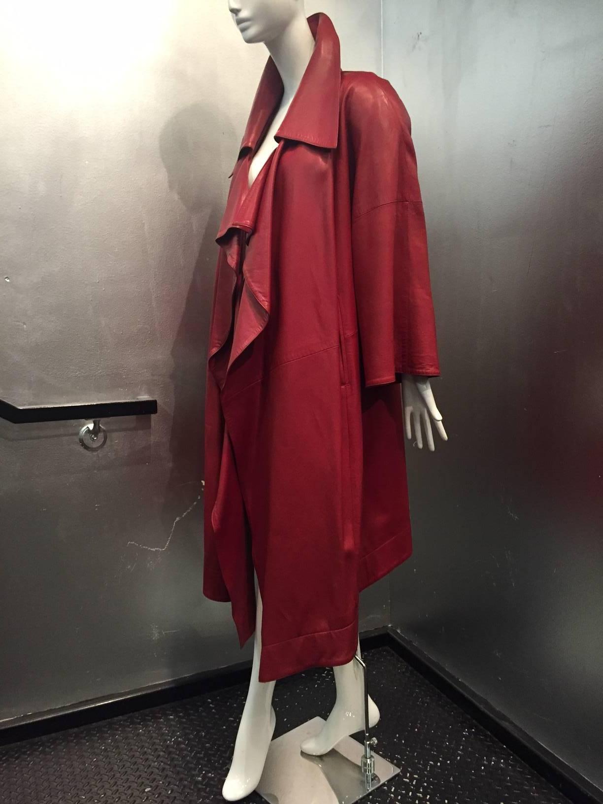 1980s Claude Montana Luxurious Red Leather Trench Coat w/ Draped Collar In Excellent Condition In Gresham, OR