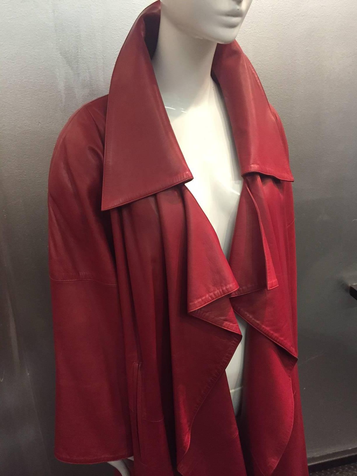 1980s Claude Montana Luxurious Red Leather Trench Coat w/ Draped Collar 3
