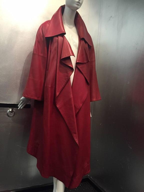 1980s Claude Montana Luxurious Red Leather Trench Coat w/ Draped Collar ...