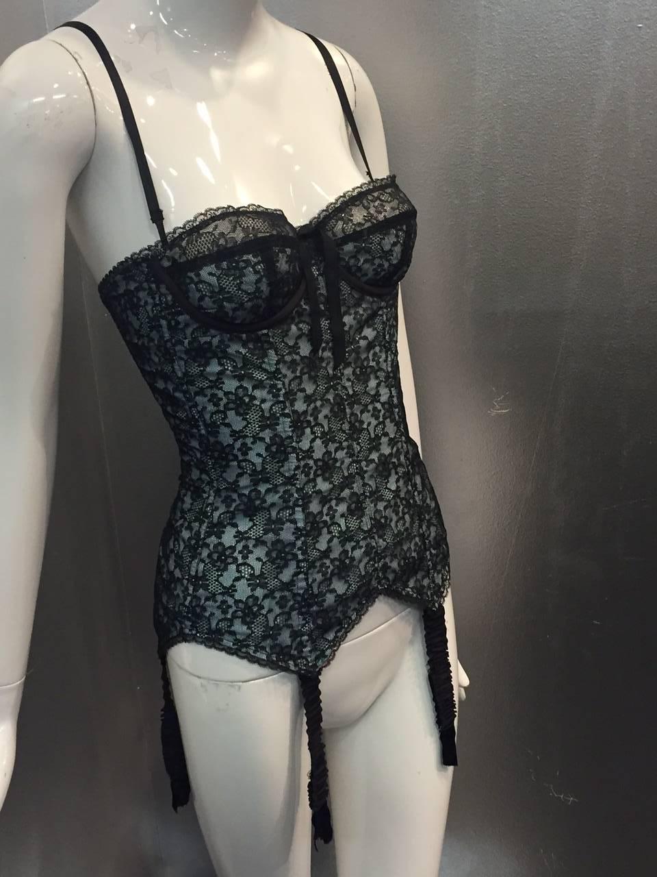 Black 1950s Star-Paris Merry Widow Lace Lingerie w/ Attached Garters