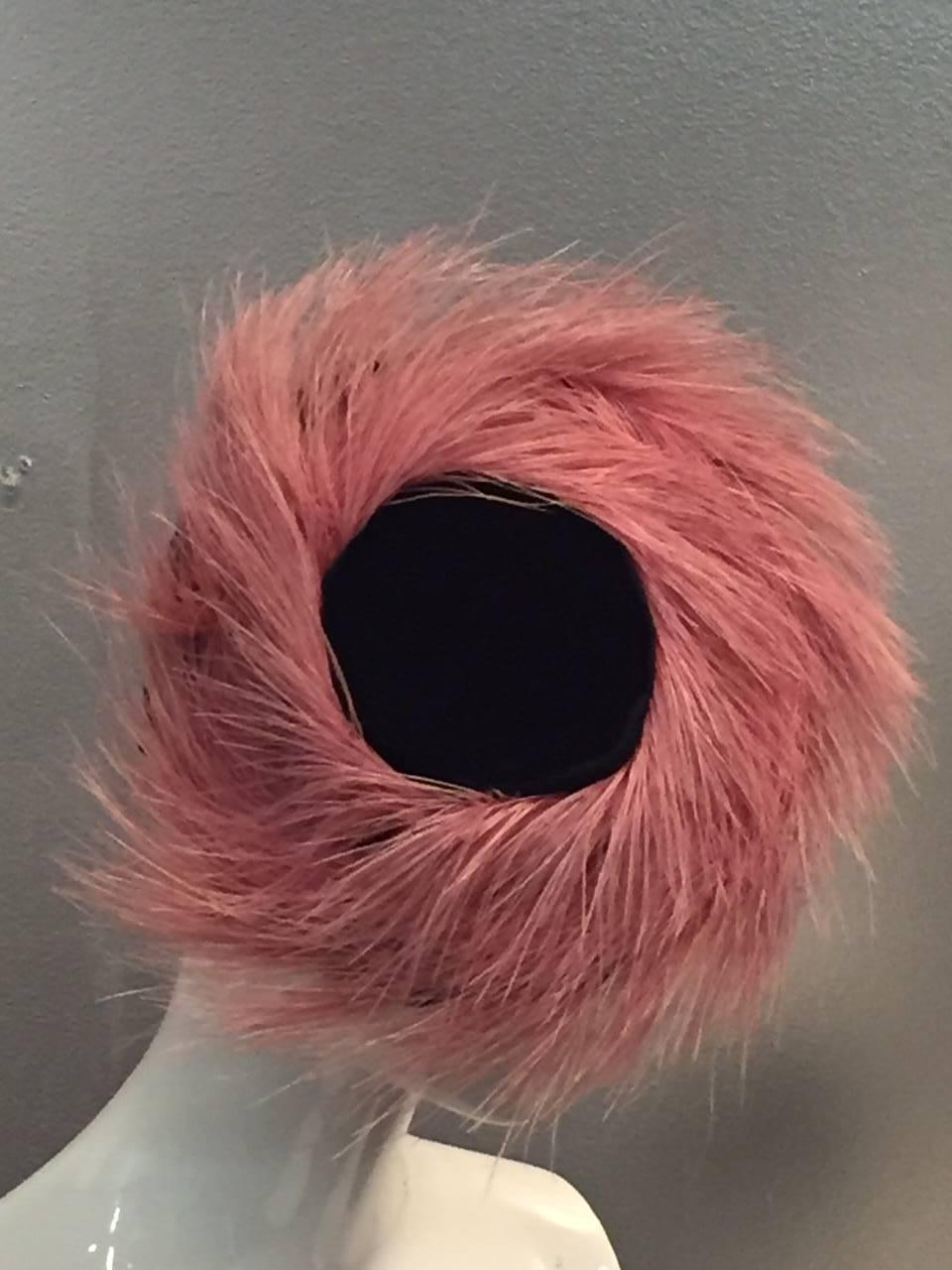 Brown 1940s New York Creations Pink Egret Feather and Black Velvet Tilt Hat 