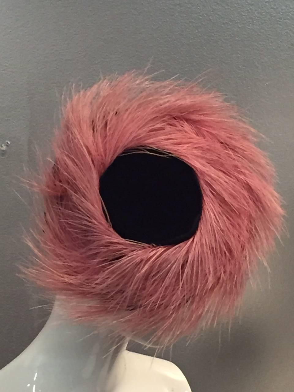 Brown 1940s New York Creations Pink Egret Feather and Black Velvet Tilt Hat
