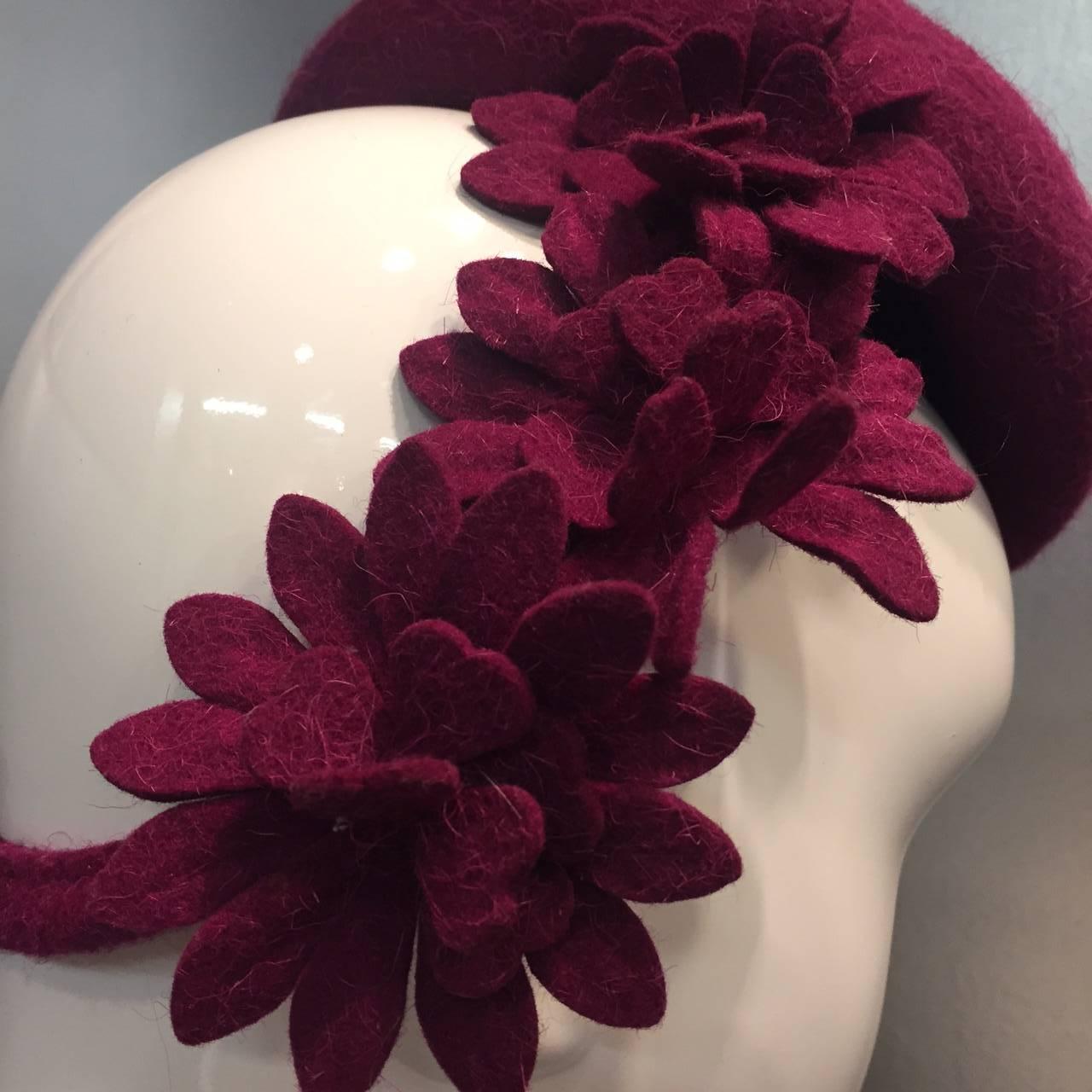 Gray 1940s Valerie Modes Magenta Felt Tilt Hat with Felt Flower Embellished Band