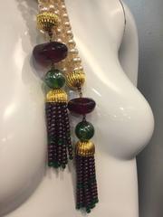 1960s 4-Strand Pearl and Glass Bead Tassel Lariat and Earring Set