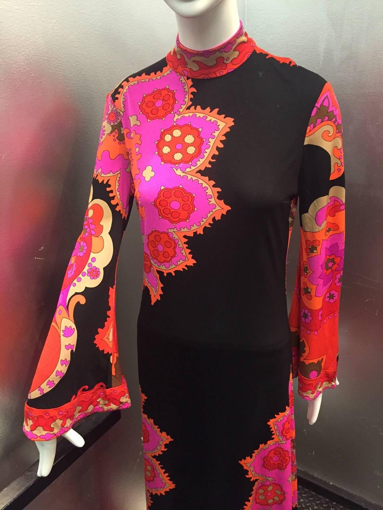 Black 1970s Leonard Silk Jersey Psychedelic Maxi Dress with Bell Sleeve