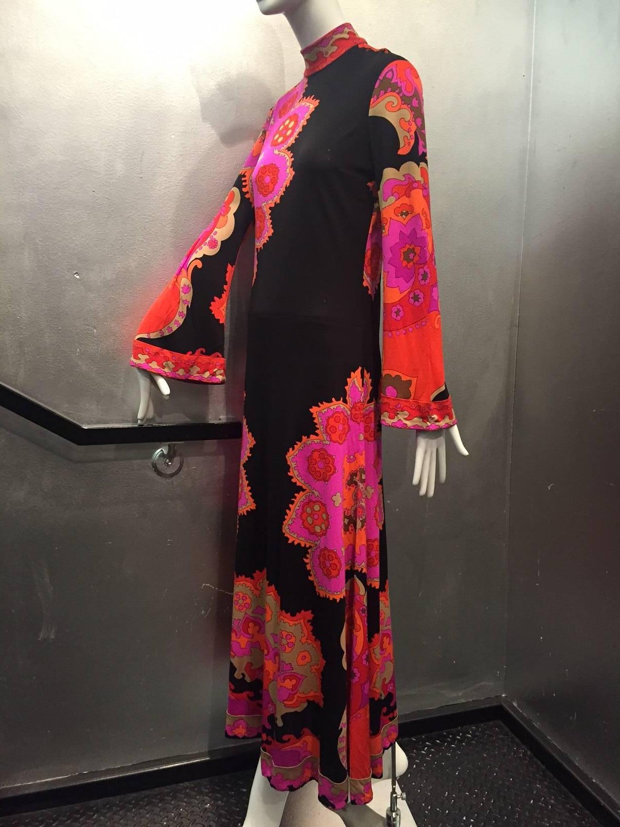 1970s Leonard Silk Jersey Psychedelic Maxi Dress with Bell Sleeve In Excellent Condition In Gresham, OR