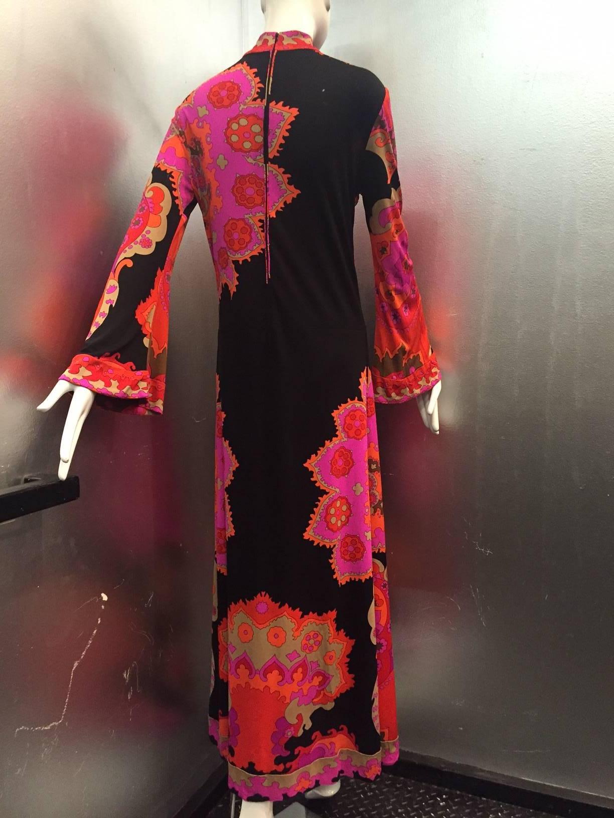 1970s Leonard Silk Jersey Psychedelic Maxi Dress with Bell Sleeve 3