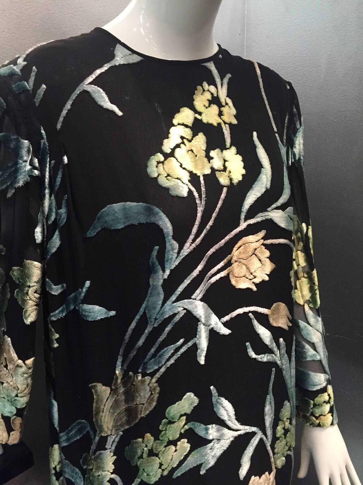 Women's Pauline Trigere Silk Floral Devore Velvet Cocktail Dress w/ Black Fox Hem For Sale