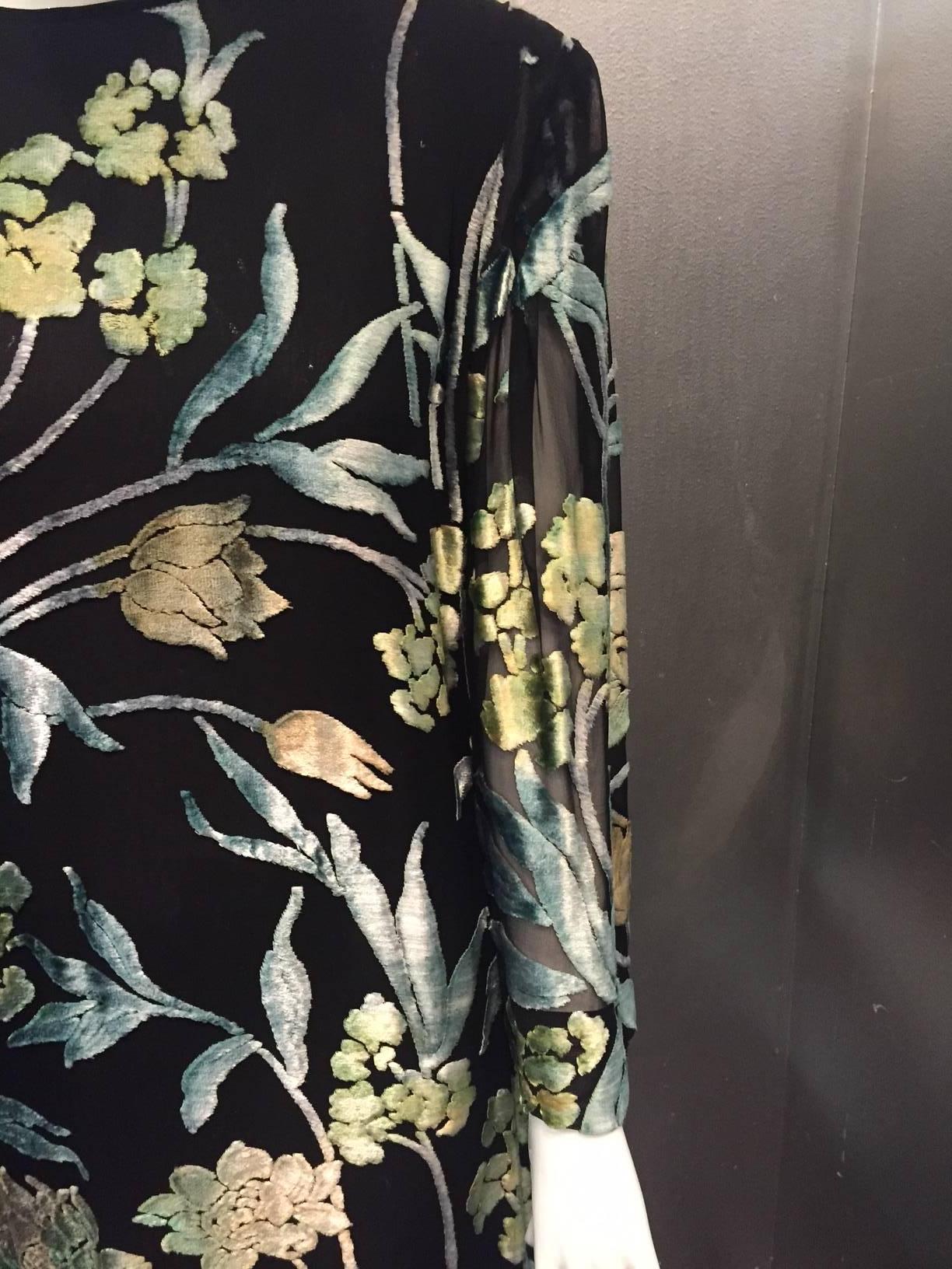 Pauline Trigere Silk Floral Devore Velvet Cocktail Dress w/ Black Fox Hem For Sale 1