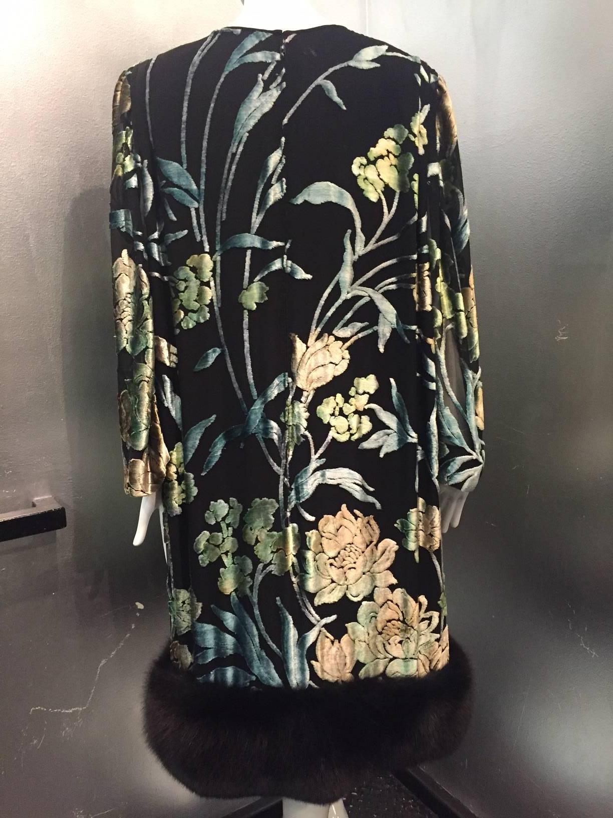 Pauline Trigere Silk Floral Devore Velvet Cocktail Dress w/ Black Fox Hem In New Condition For Sale In Gresham, OR
