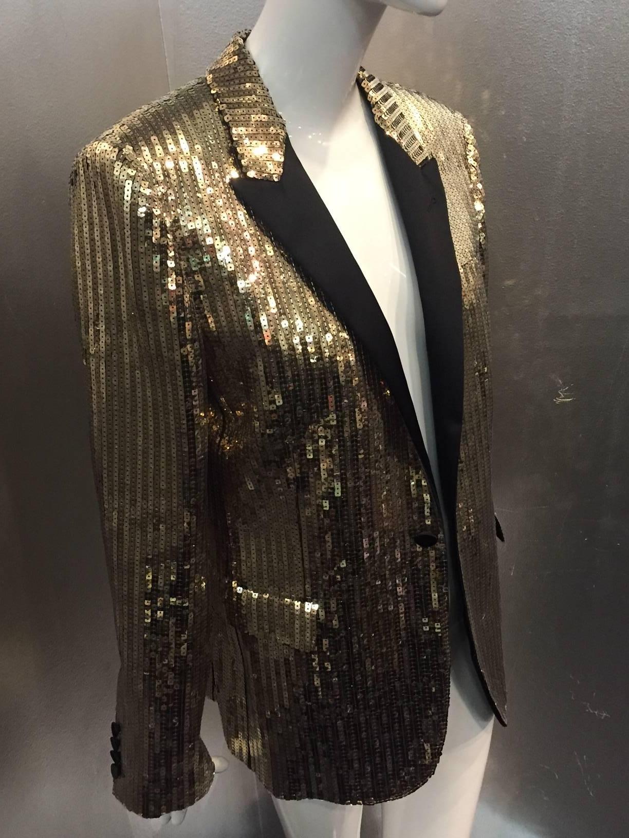 A fabulous Hedi Slimane for Saint Laurent menwear gold sequin tuxedo jacket with satin lapels!  Single button style with flap pockets. 