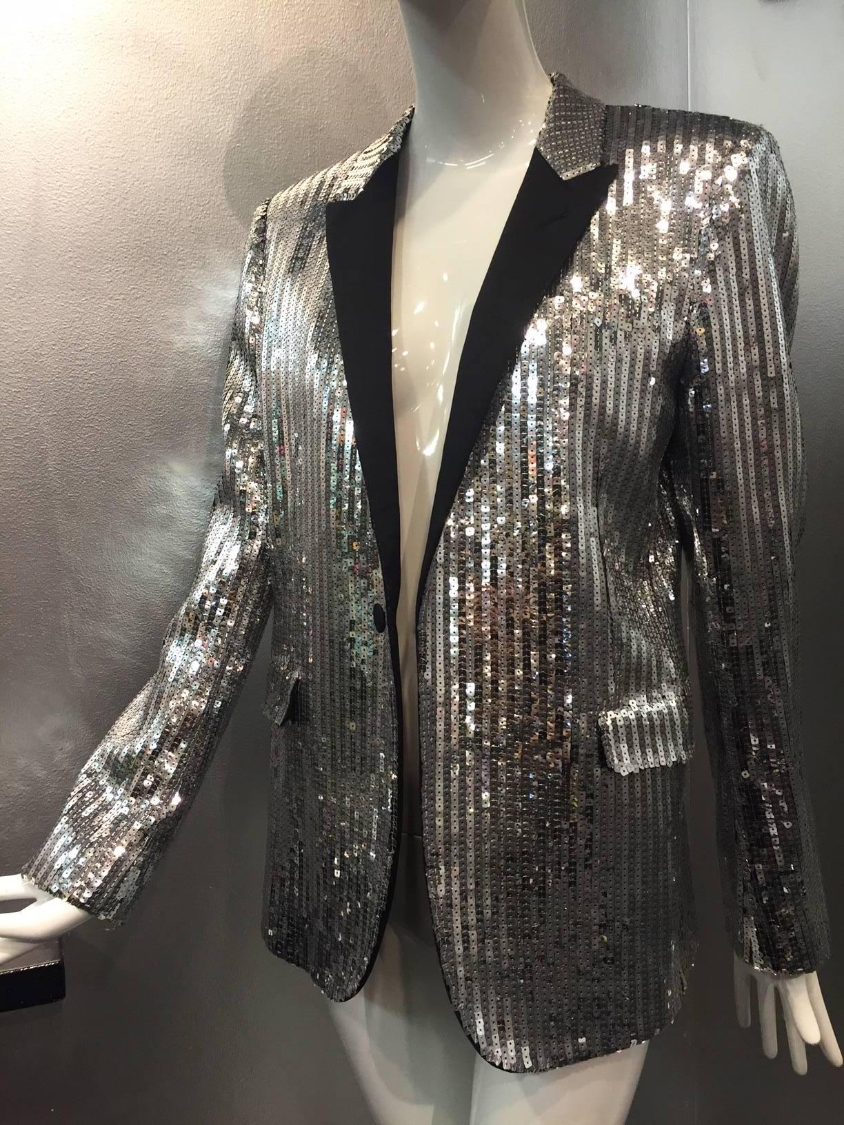 Saint Laurent Silver Sequin Men's Tuxedo Jacket w/ Satin Lapels In New Condition In Gresham, OR