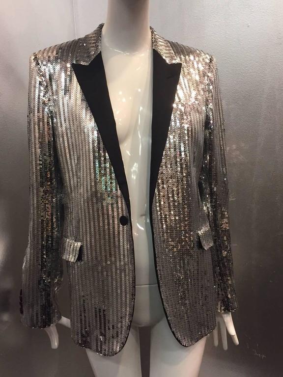 Saint Laurent Silver Sequin Men's Tuxedo Jacket w/ Satin Lapels at