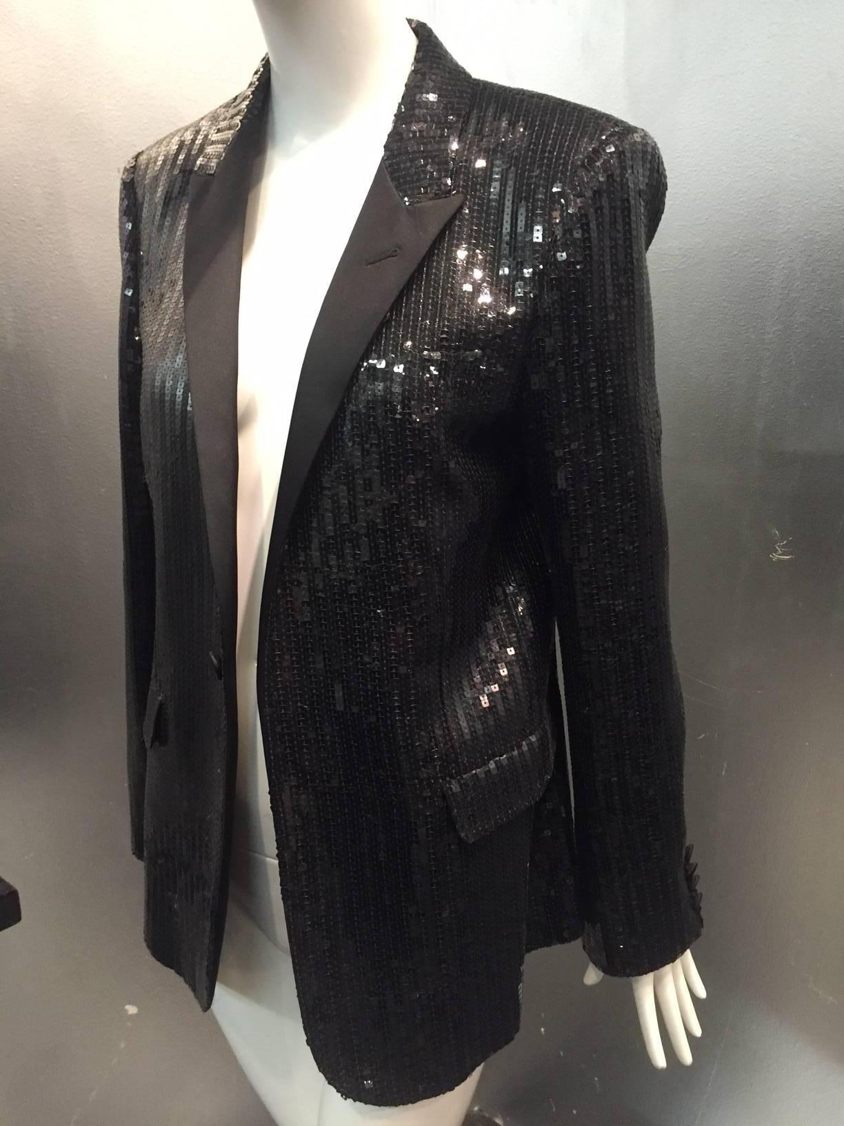 Women's or Men's Saint Laurent Black Sequin Tuxedo Jacket with Satin Lapels