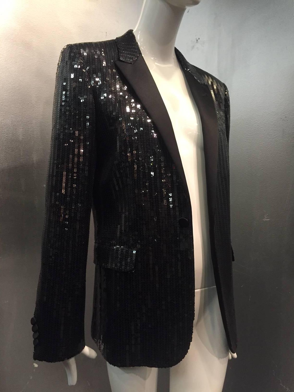 A fabulous Hedi Slimane for Saint Laurent menswear black sequin tuxedo jacket with satin lapels!  Single button style with flap pockets. 