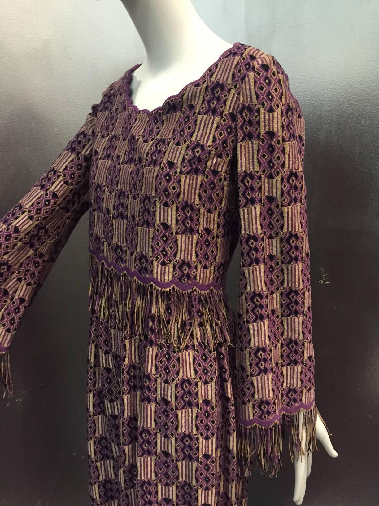 Late1960s Christian Dior Ethnic-Inspired Brocade and Fringe Maxi Dress In Excellent Condition In Gresham, OR