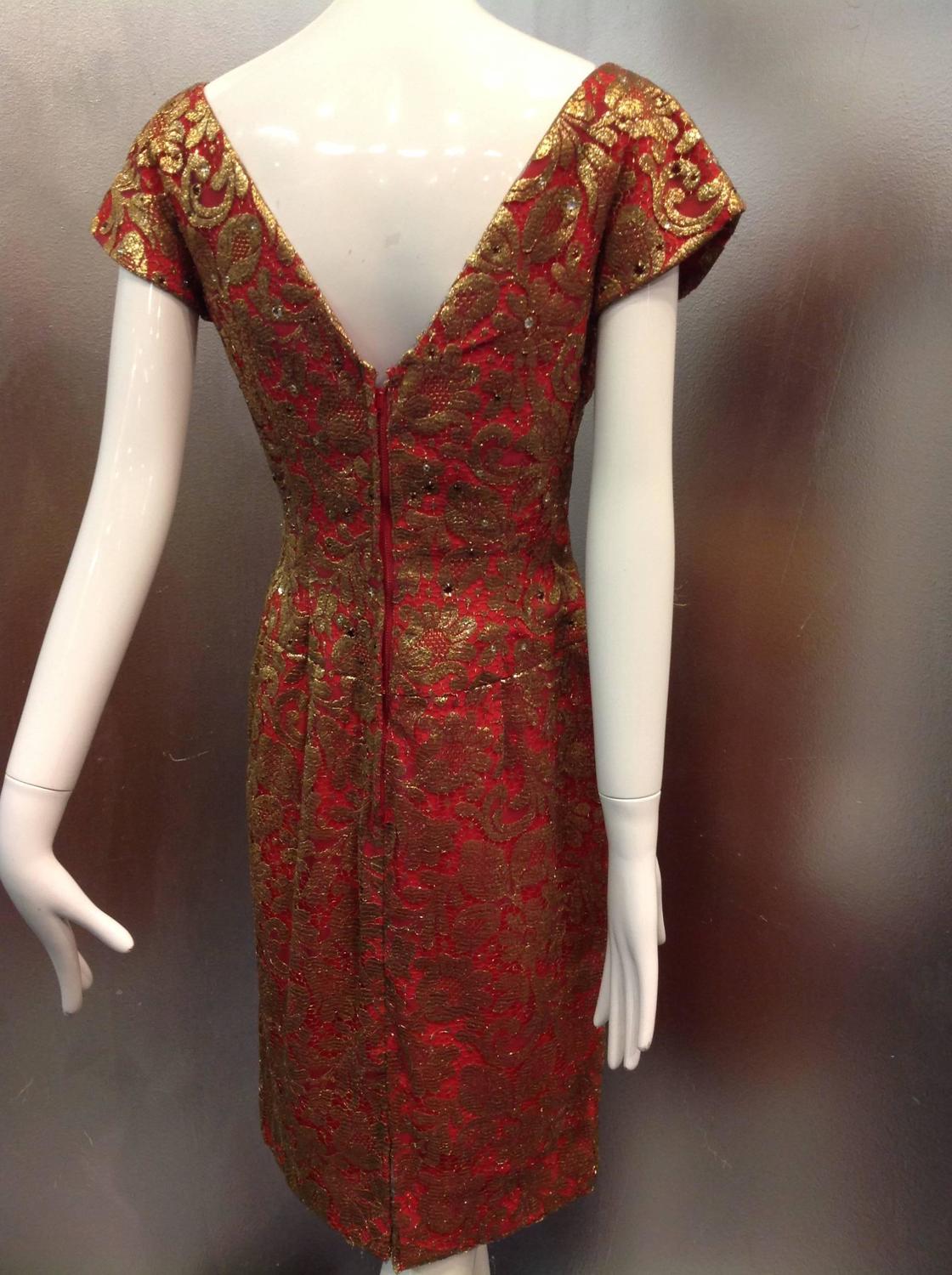 1950s Red Sheath Dress with Beautiful Gold Lame Lace Overlay and ...