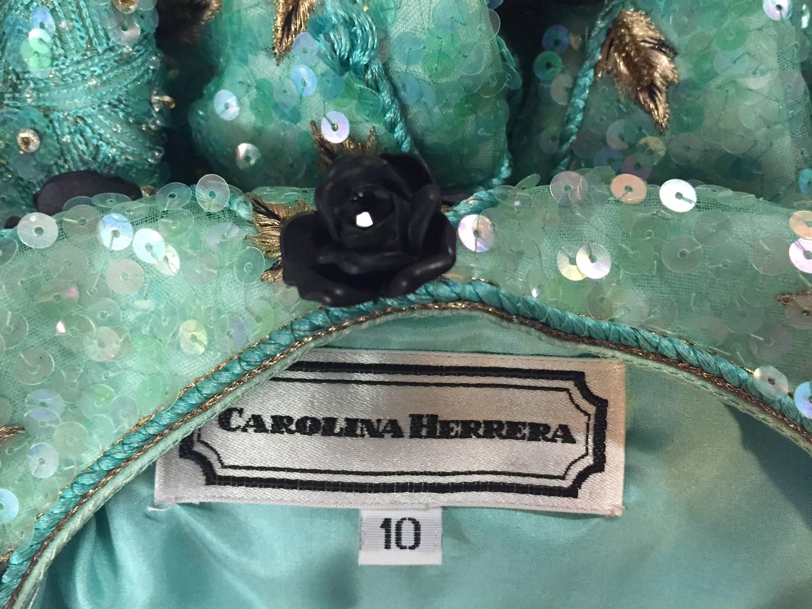 1980s Carolina Herrera Sea Foam Bead and Sequin Encrusted Bolero w/ Resin Roses 4