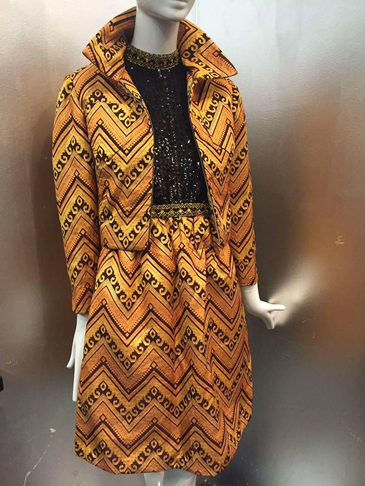 Brown 1960s Oscar de La Renta Gold & Black Brocade Cocktail Suit w/ Sequin Bodice For Sale