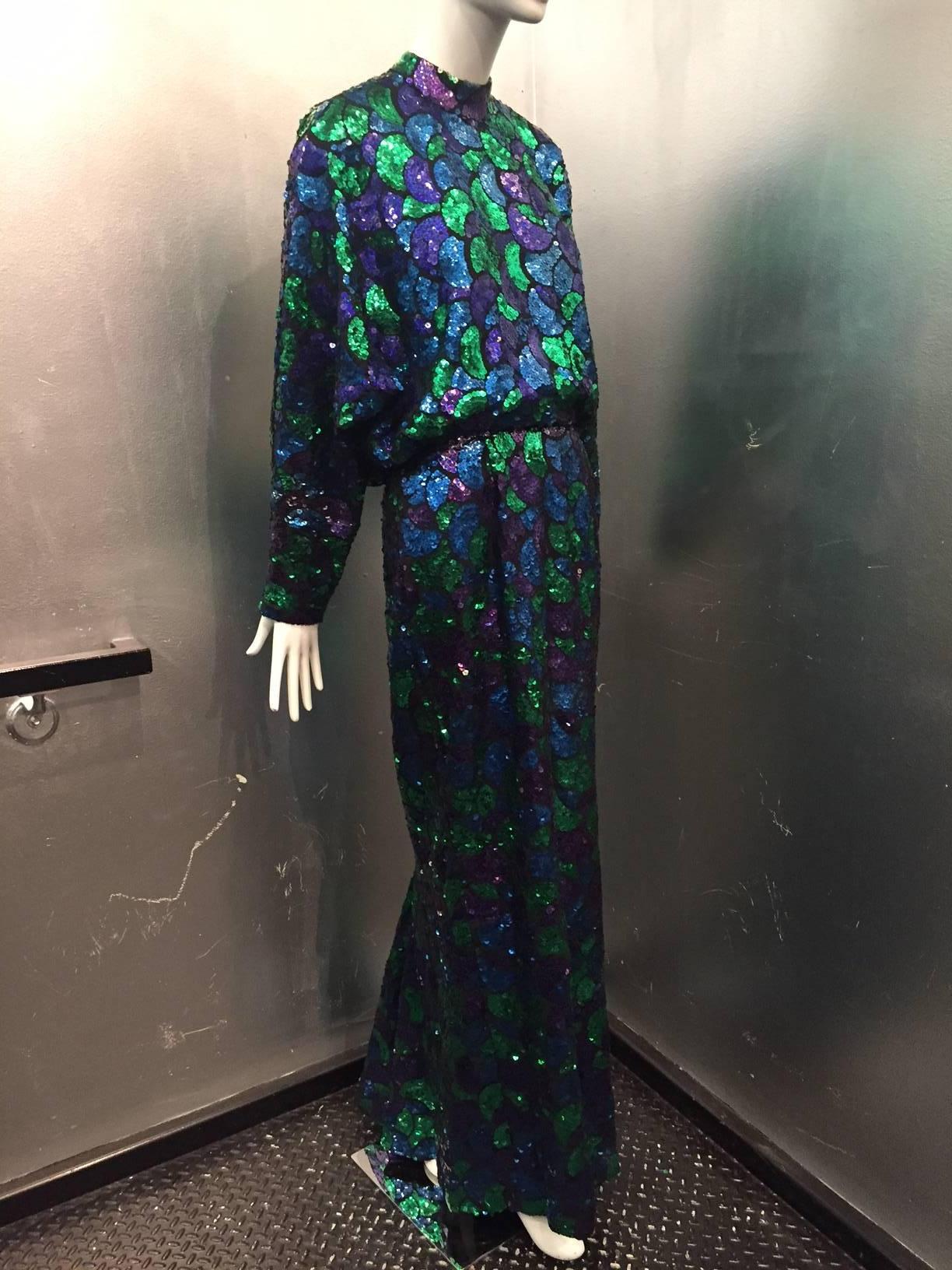 An amazing 1980s Travilla solid sequined silk gown:  