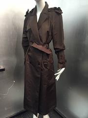 1993 Chanel Chocolate Brown Silk Trench Coat w/ Signature Camellia Epaulets