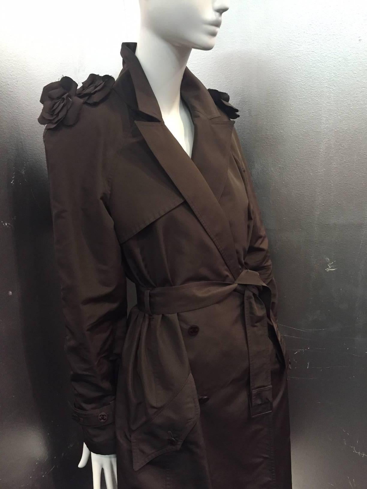 1993 Chanel Chocolate Brown Silk Trench Coat w/ Signature Camellia Epaulets  1