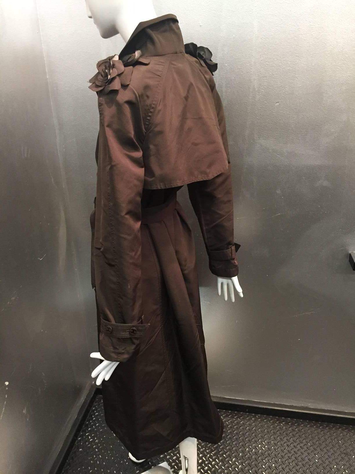 1993 Chanel Chocolate Brown Silk Trench Coat w/ Signature Camellia Epaulets  3