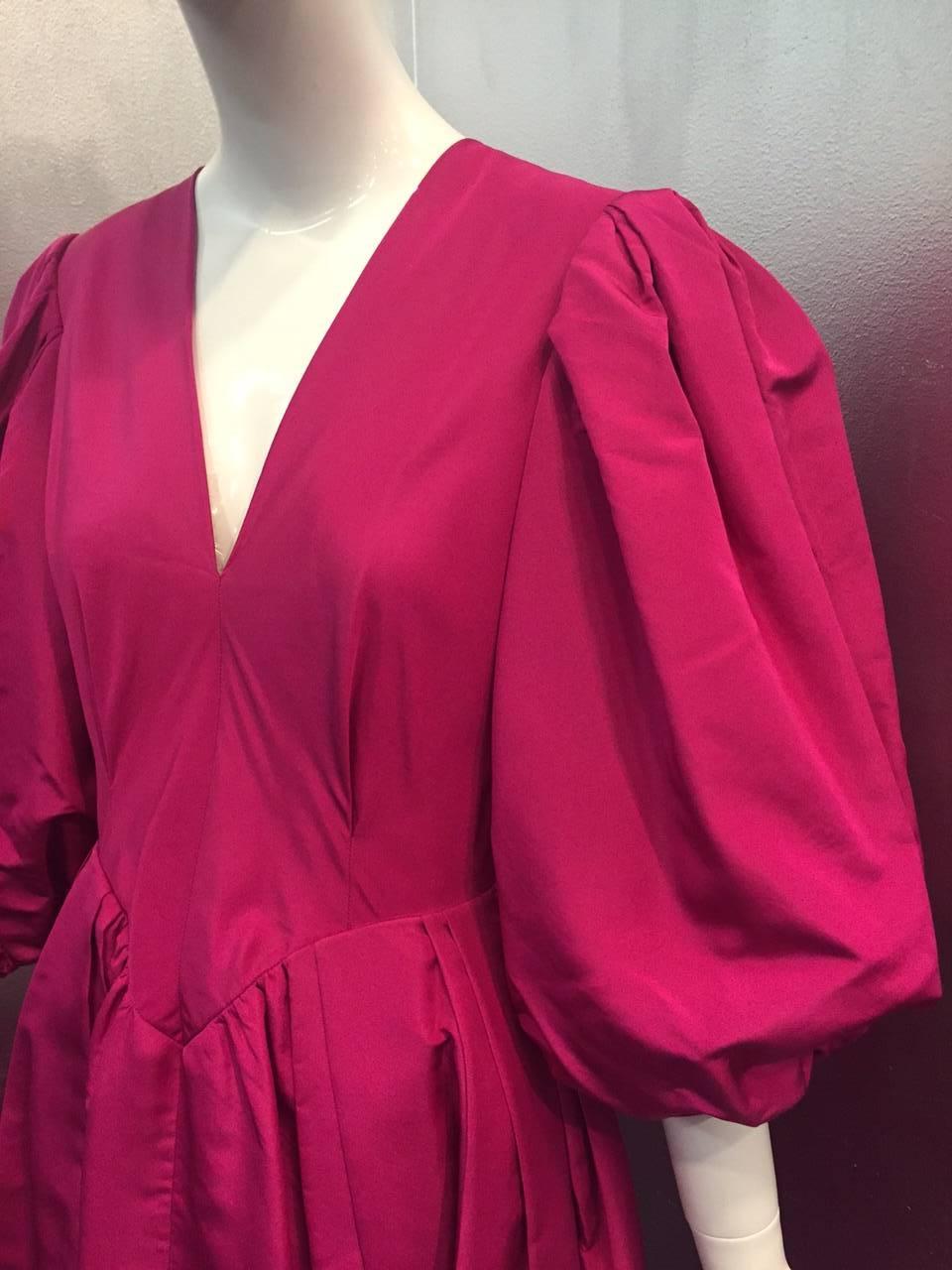 1970s Pauline Trigere Fuchsia Silk Faille Evening Gown with Balloon Sleeves  For Sale 1