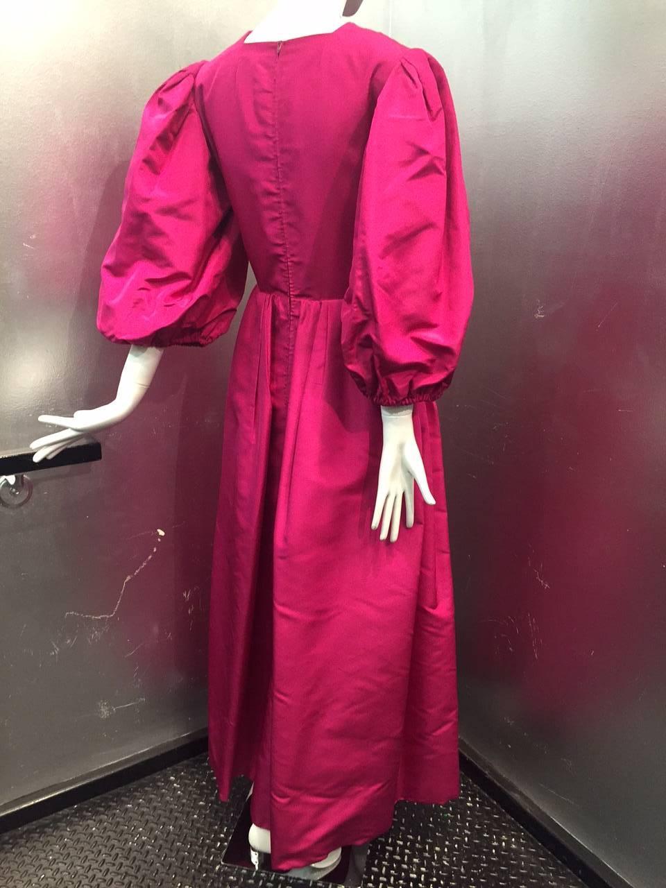 1970s Pauline Trigere Fuchsia Silk Faille Evening Gown with Balloon Sleeves  In Excellent Condition For Sale In Gresham, OR