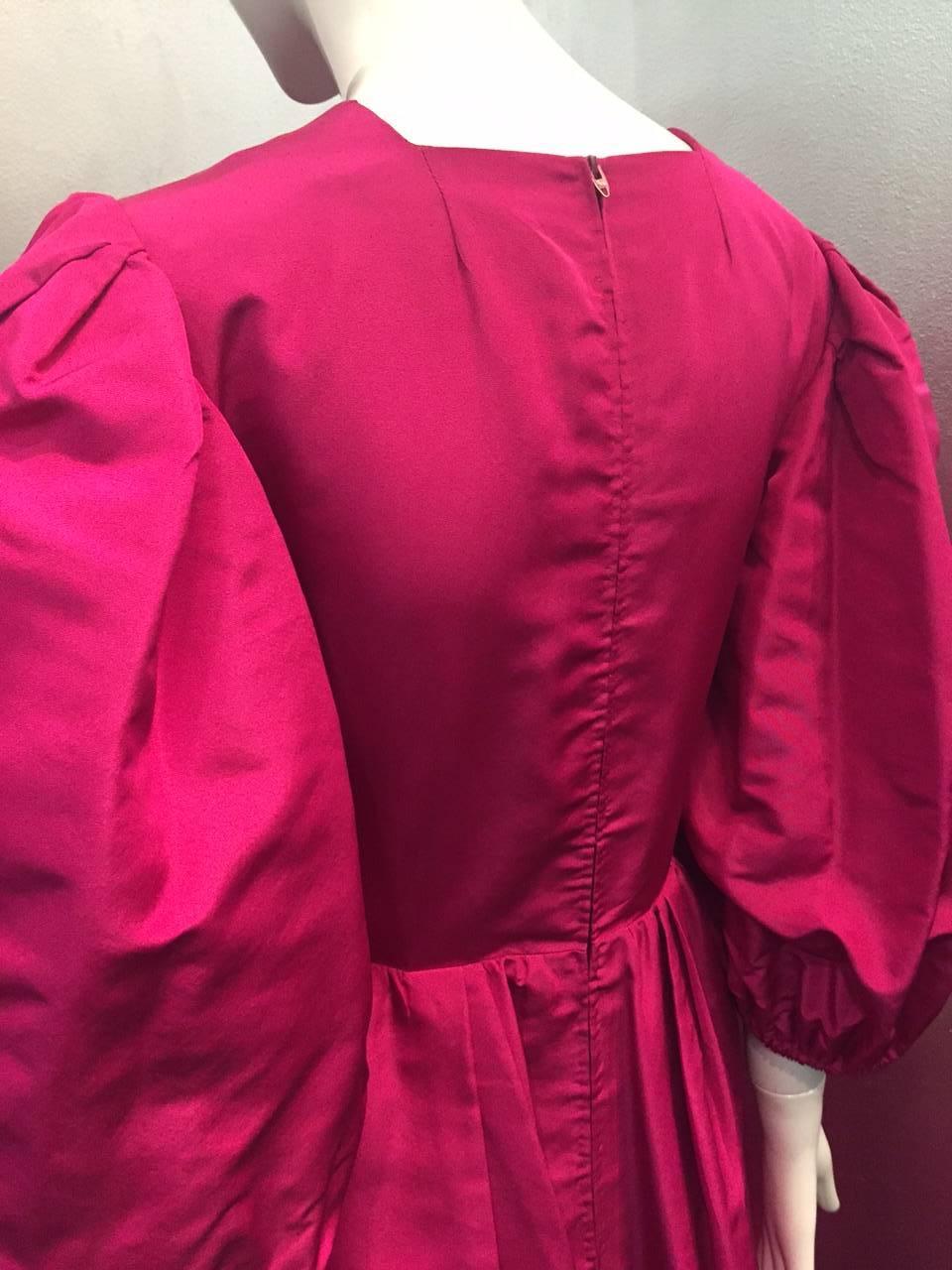 1970s Pauline Trigere Fuchsia Silk Faille Evening Gown with Balloon Sleeves  For Sale 2