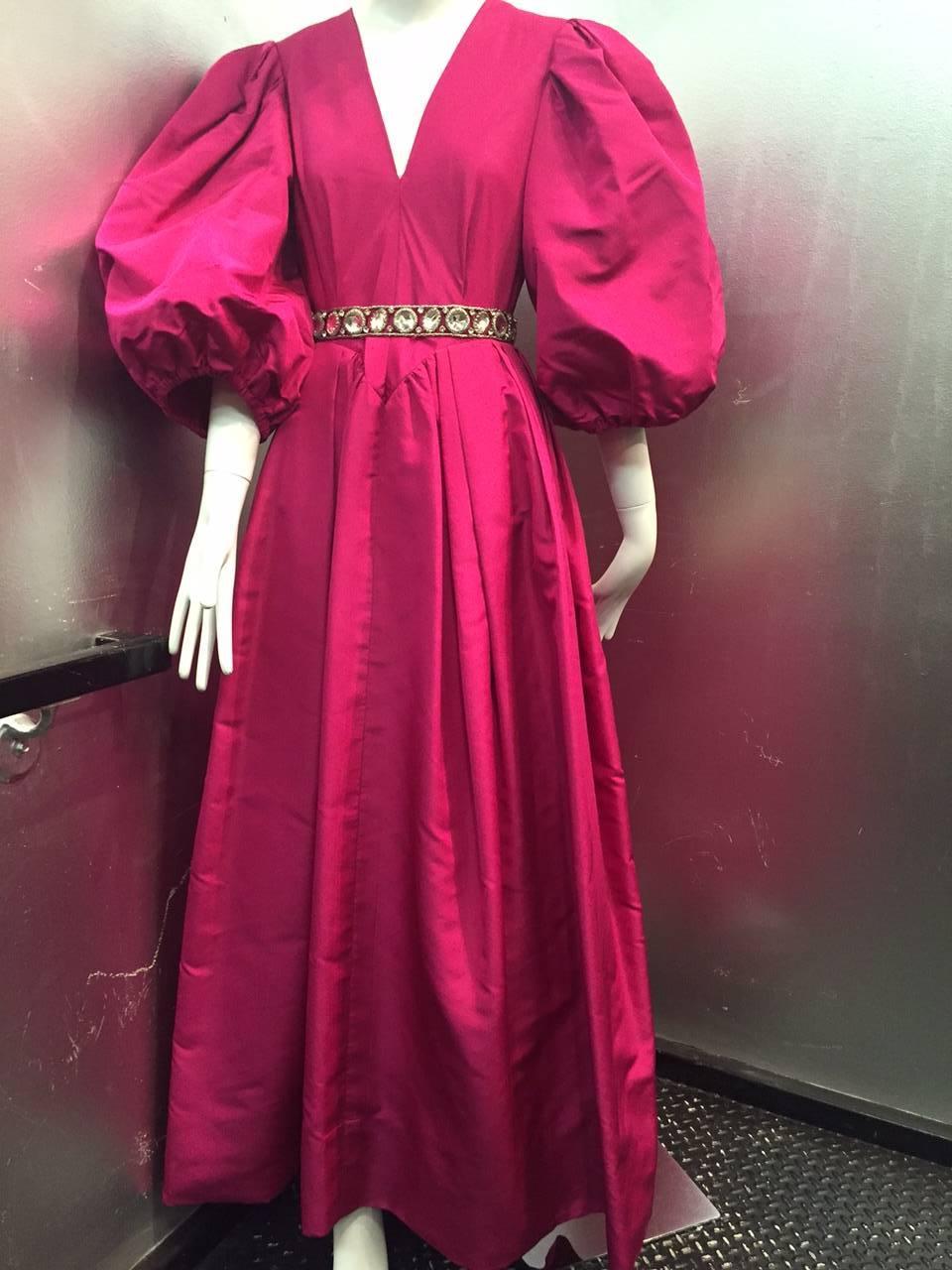 Red 1970s Pauline Trigere Fuchsia Silk Faille Evening Gown with Balloon Sleeves  For Sale