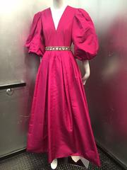 1970s Pauline Trigere Fuchsia Silk Faille Evening Gown with Balloon Sleeves