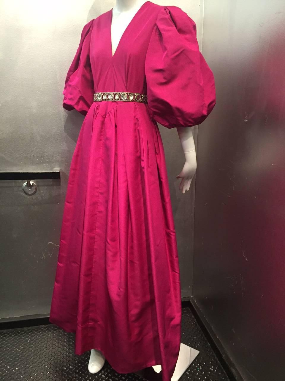 Women's 1970s Pauline Trigere Fuchsia Silk Faille Evening Gown with Balloon Sleeves For Sale