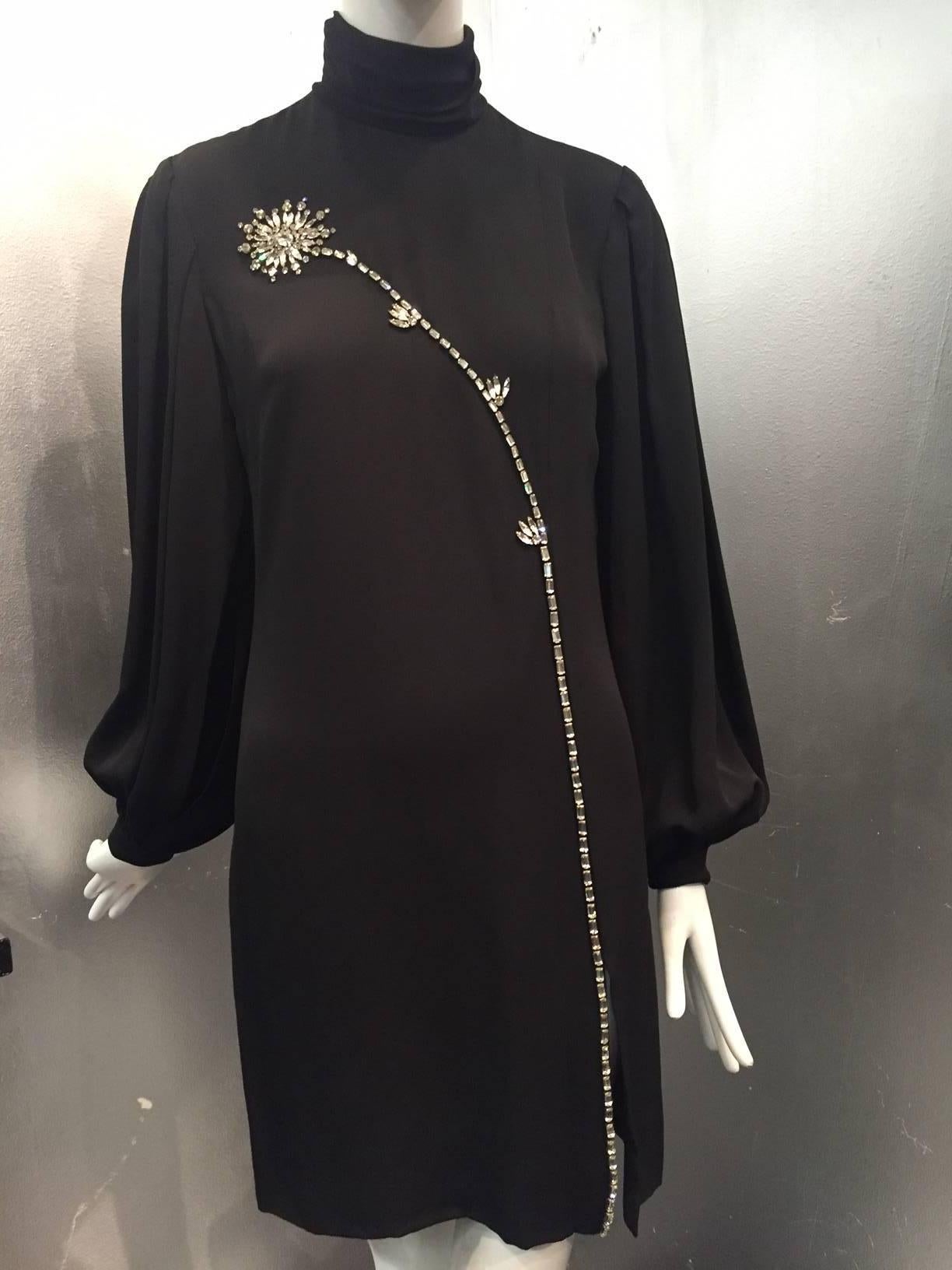 Women's or Men's 1980s James Galanos Black Silk Crepe Mini Dress w/ Rhinestone Flower and Slit 