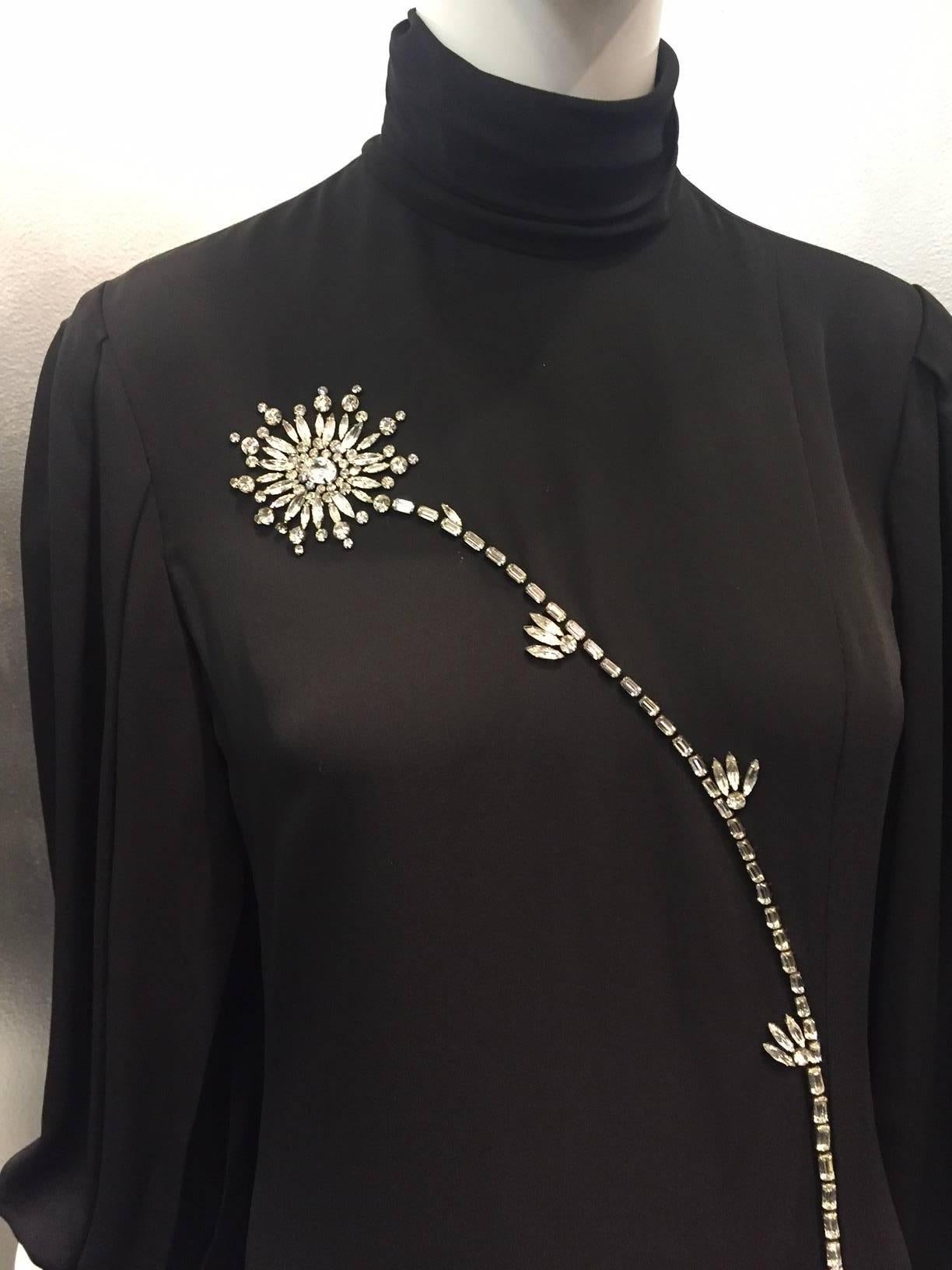 1980s James Galanos Black Silk Crepe Mini Dress w/ Rhinestone Flower and Slit  1