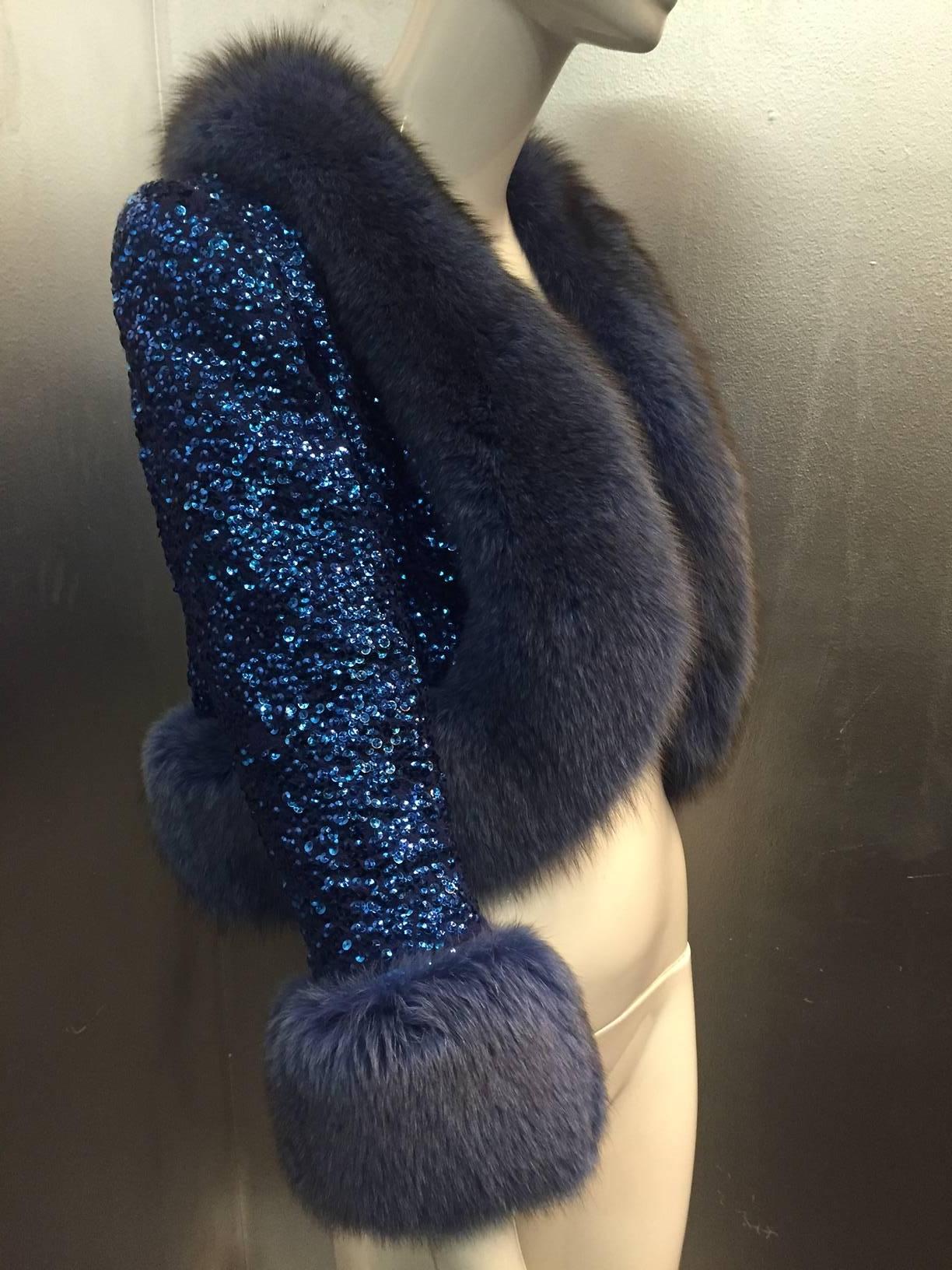 Black 1960s  Cobalt Sequined Bolero Jacket w/ Blue Dyed Fox Trim 