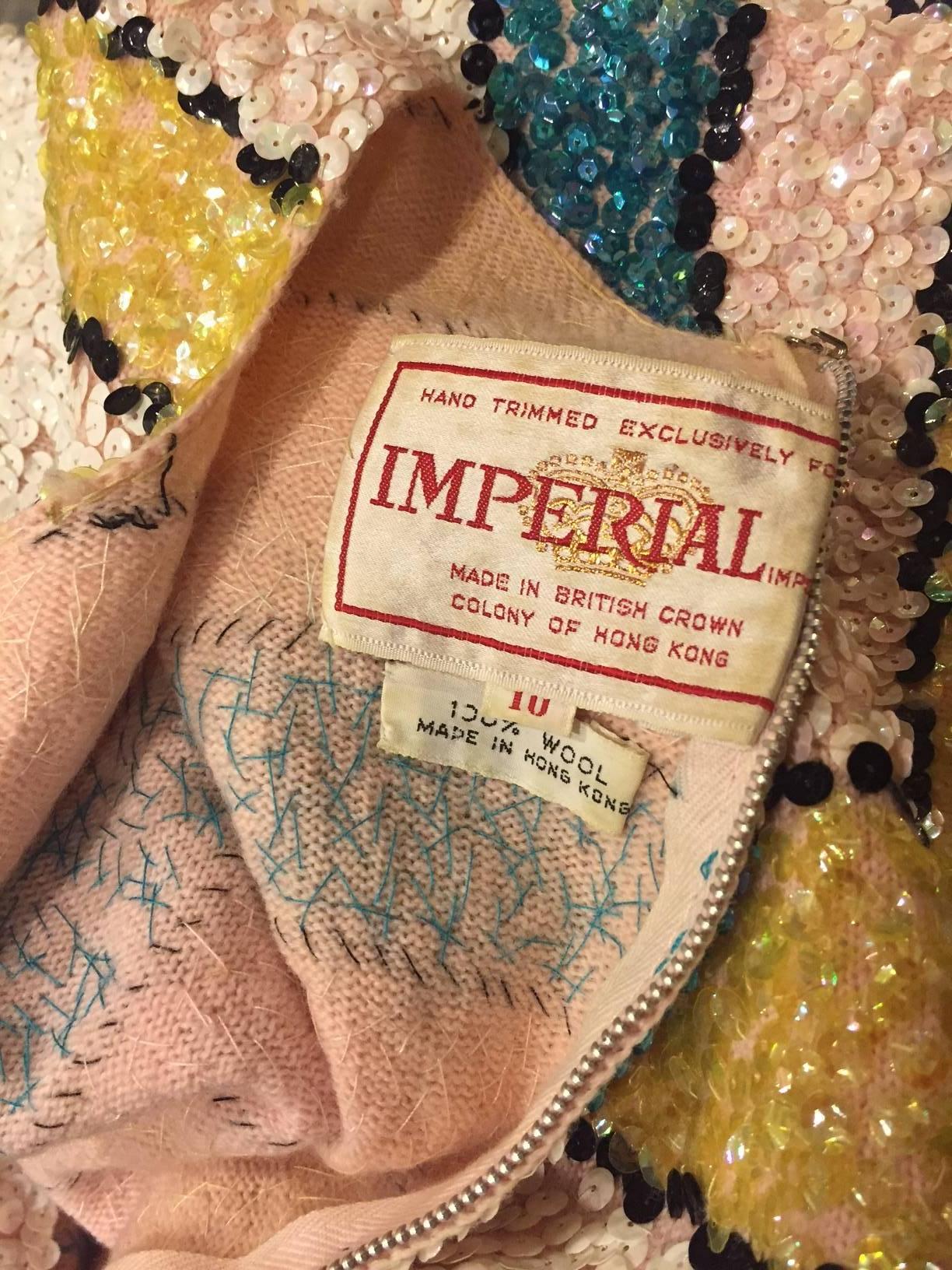 1960s Imperial Wool Knit Striped Sequin Cocktail Dress in Easter Pastels For Sale 1