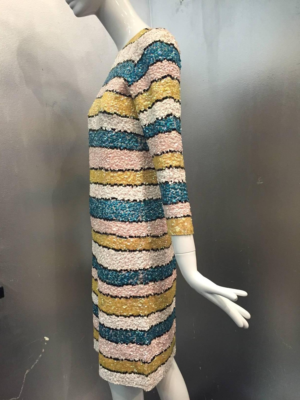 1960er Imperial Wool Knit Striped Sequin Cocktail Dress in Easter Pastels Damen im Angebot