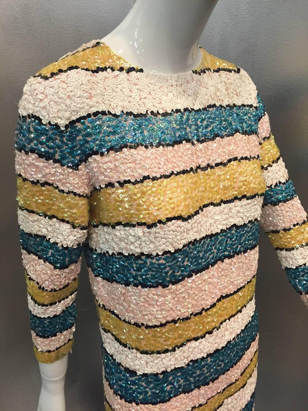 1960s Imperial Wool Knit Striped Sequin Cocktail Dress in Easter Pastels In Excellent Condition For Sale In Gresham, OR