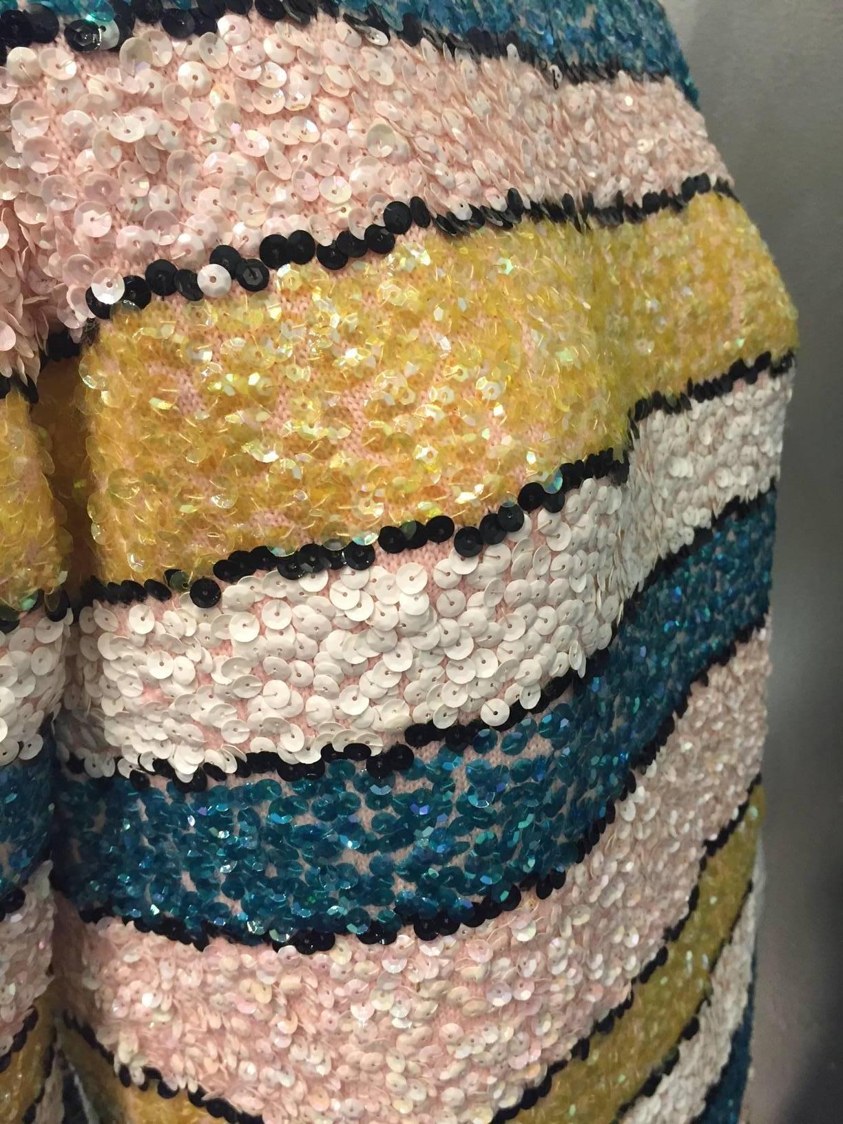 1960er Imperial Wool Knit Striped Sequin Cocktail Dress in Easter Pastels im Angebot 2